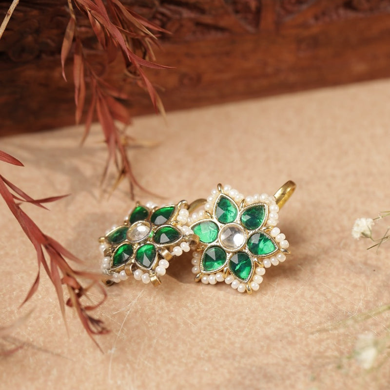 Green and White Colour Gold Plated Jadau Kundan Flower Motif Earcuff (Bugadi)