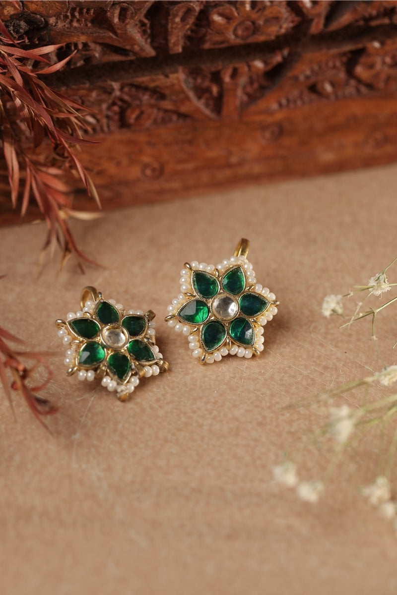 Green and White Colour Gold Plated Jadau Kundan Flower Motif Earcuff (Bugadi)