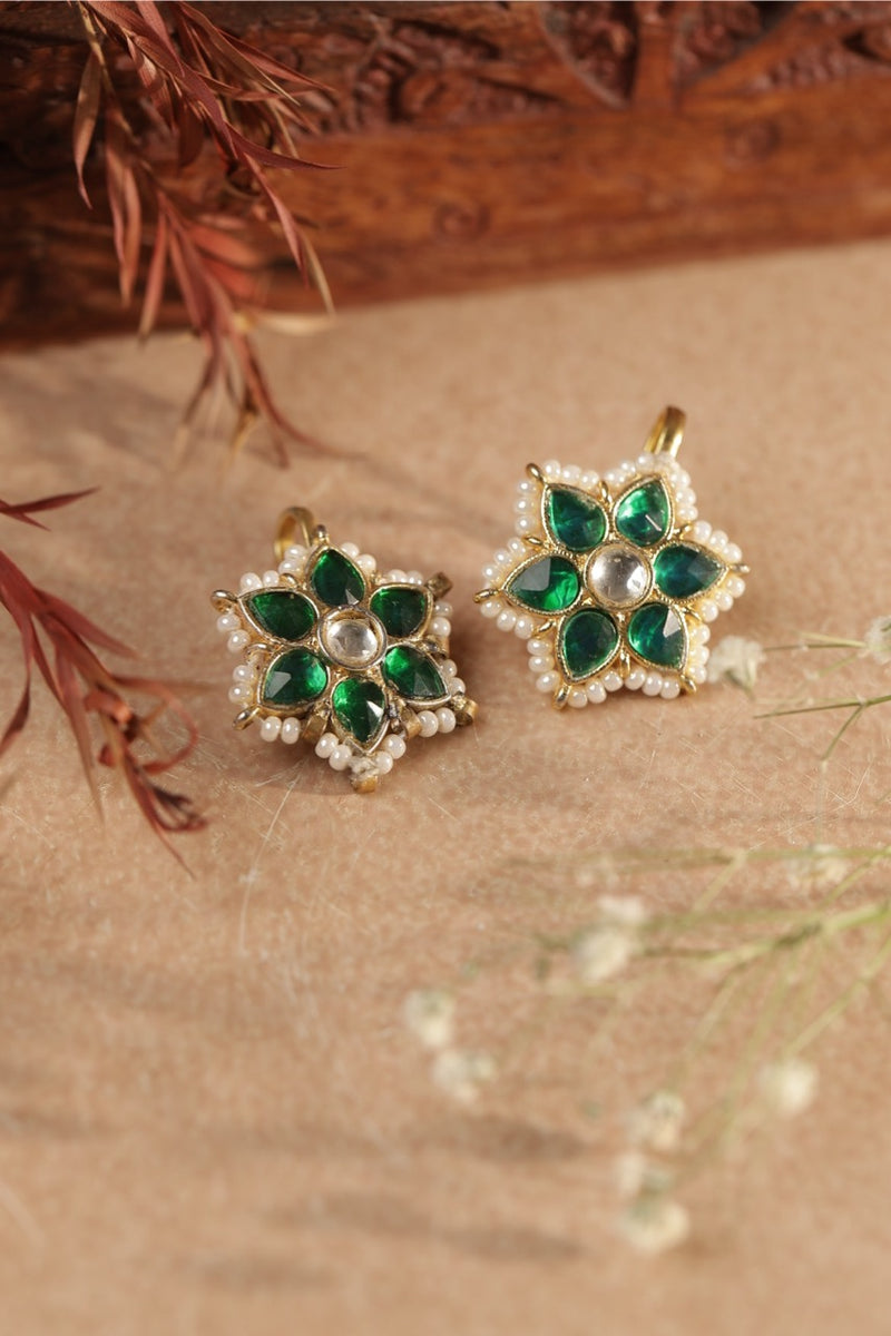 Green and White Colour Gold Plated Jadau Kundan Flower Motif Earcuff (Bugadi)
