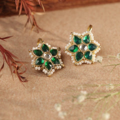 Green and White Colour Gold Plated Jadau Kundan Flower Motif Earcuff (Bugadi)