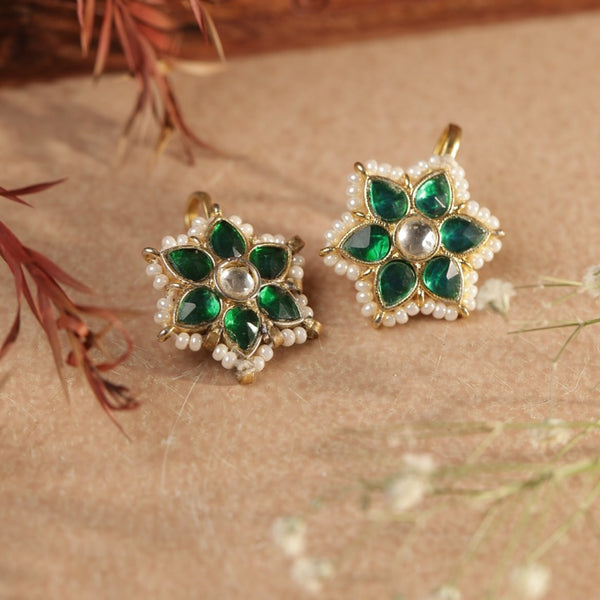 Green and White Colour Gold Plated Jadau Kundan Flower Motif Earcuff (Bugadi)