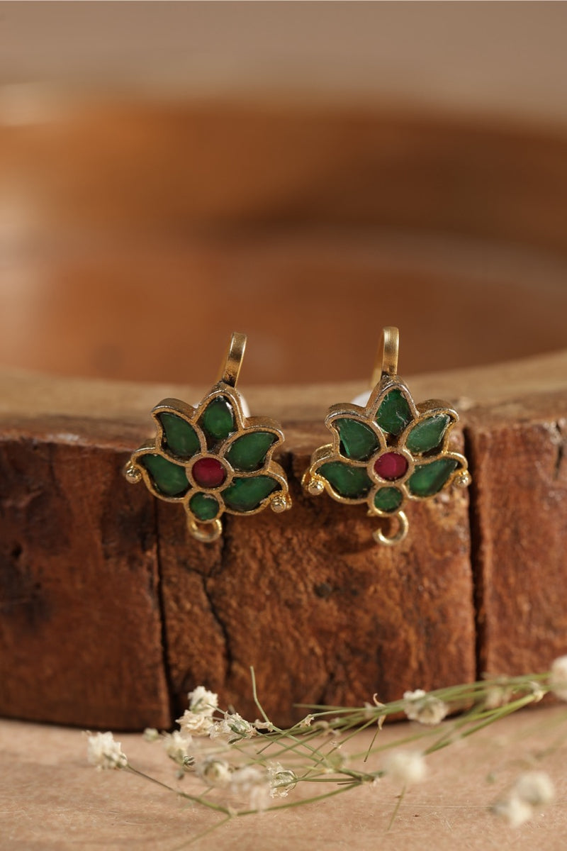 Green and Pink Colour Gold Plated Jadau Kundan Flower Motif Earcuff (Bugadi)