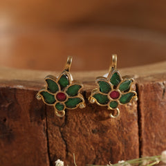 Green and Pink Colour Gold Plated Jadau Kundan Flower Motif Earcuff (Bugadi)