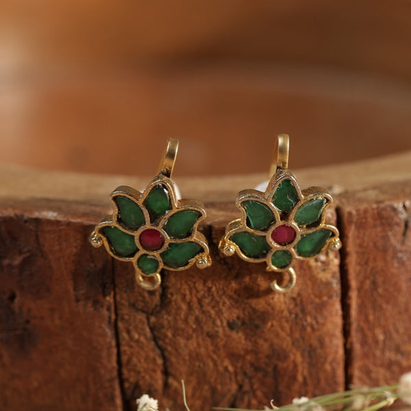 Green and Pink Colour Gold Plated Jadau Kundan Flower Motif Earcuff (Bugadi)
