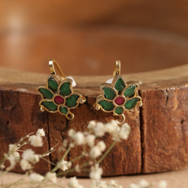 Green and Pink Colour Gold Plated Jadau Kundan Flower Motif Earcuff (Bugadi)