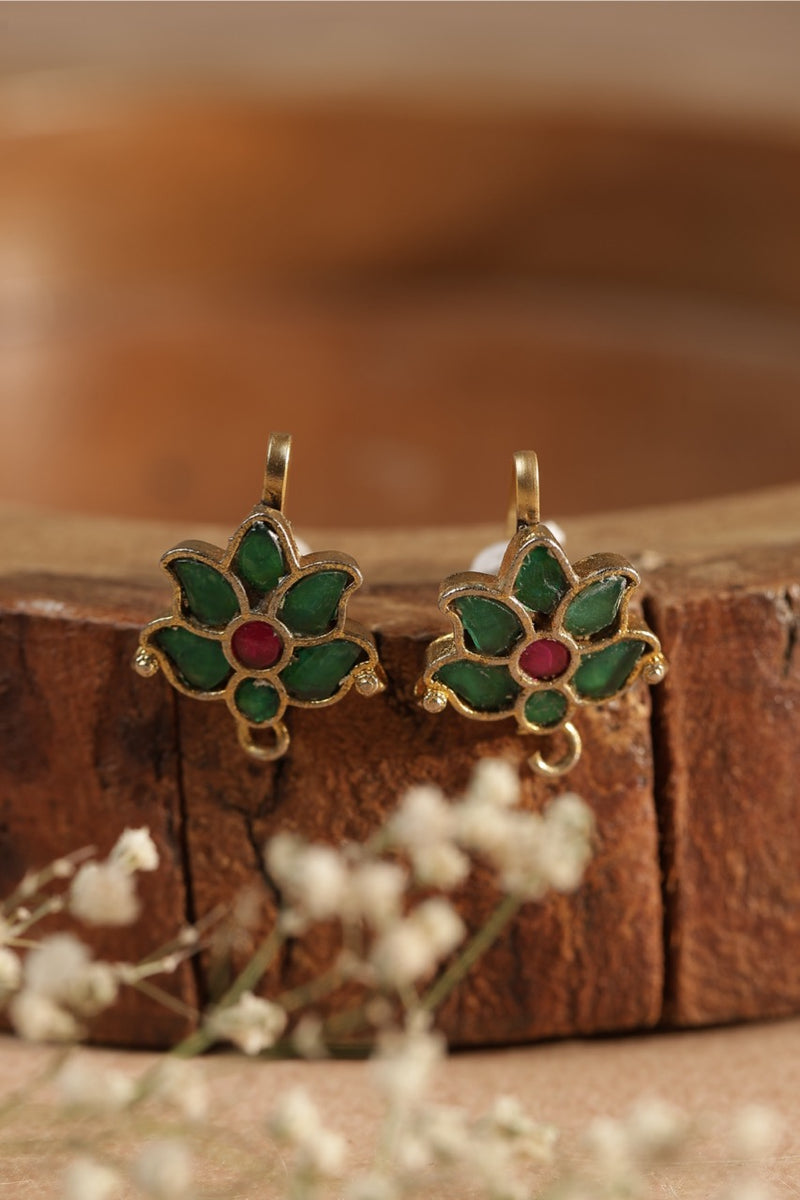 Green and Pink Colour Gold Plated Jadau Kundan Flower Motif Earcuff (Bugadi)