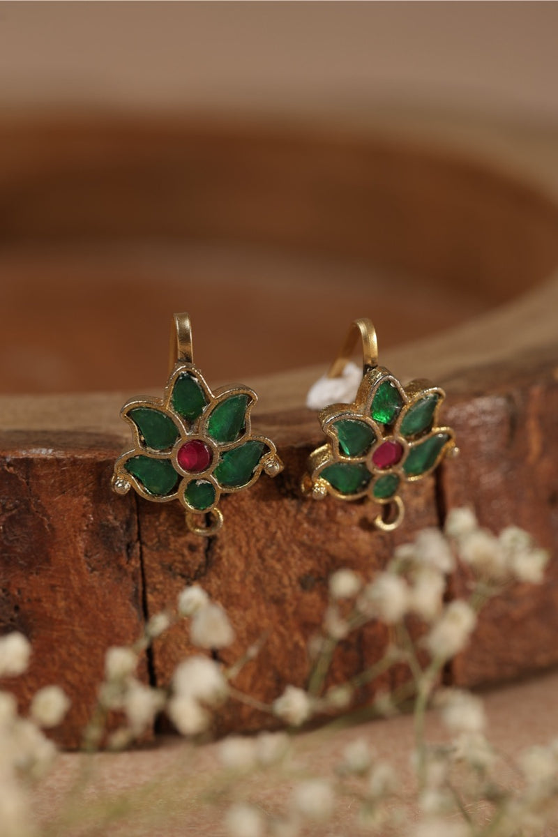 Green and Pink Colour Gold Plated Jadau Kundan Flower Motif Earcuff (Bugadi)