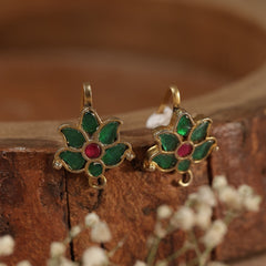 Green and Pink Colour Gold Plated Jadau Kundan Flower Motif Earcuff (Bugadi)