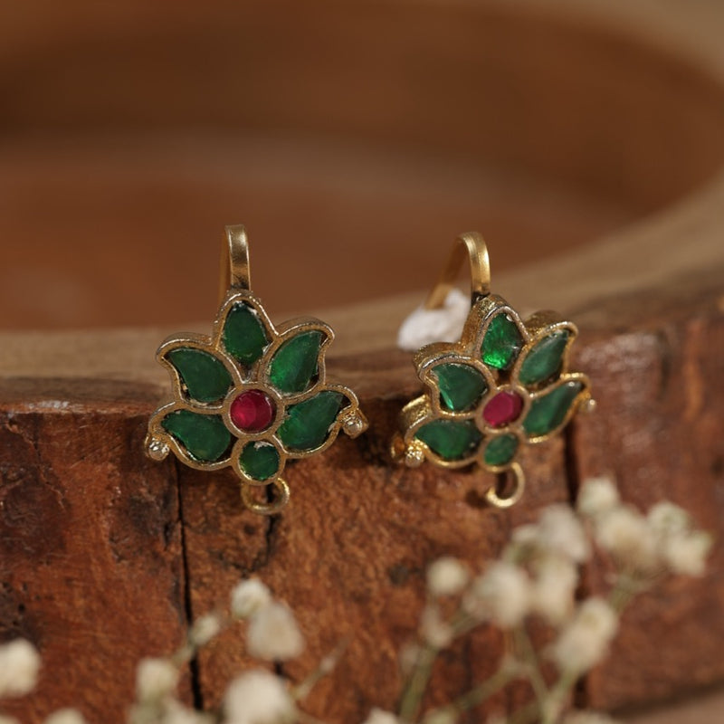 Green and Pink Colour Gold Plated Jadau Kundan Flower Motif Earcuff (Bugadi)
