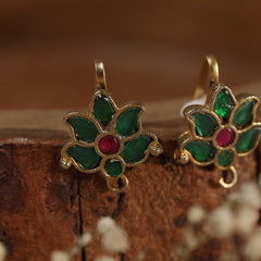 Green and Pink Colour Gold Plated Jadau Kundan Flower Motif Earcuff (Bugadi)