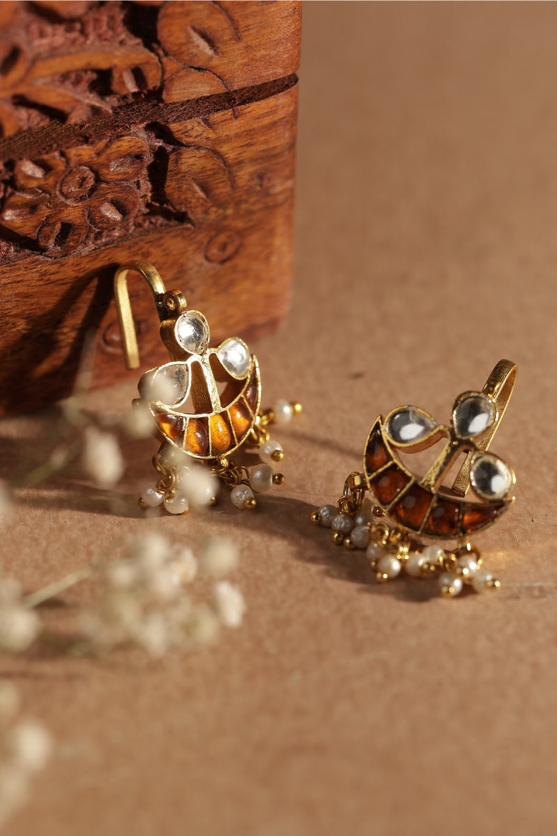 Yellow and White Colour Gold Plated Jadau Kundan Earcuff (Bugadi)