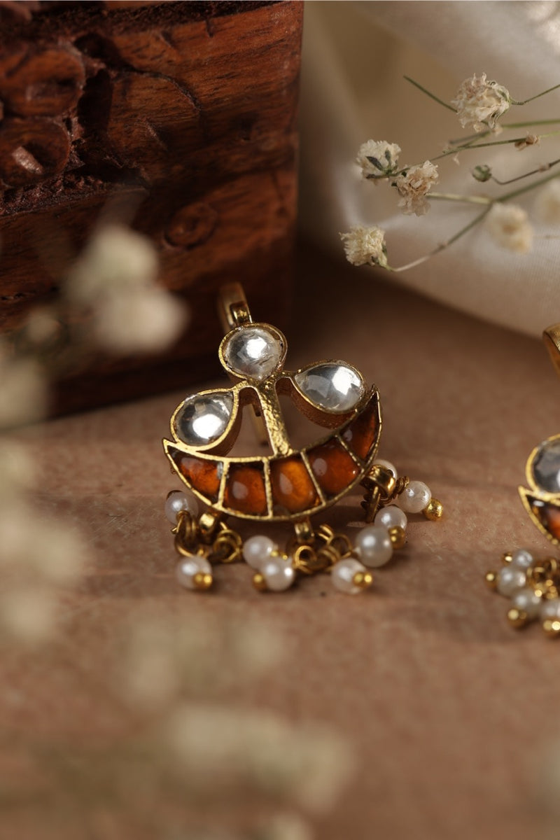 Yellow and White Colour Gold Plated Jadau Kundan Earcuff (Bugadi)