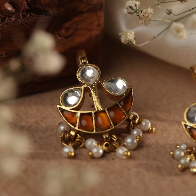 Yellow and White Colour Gold Plated Jadau Kundan Earcuff (Bugadi)