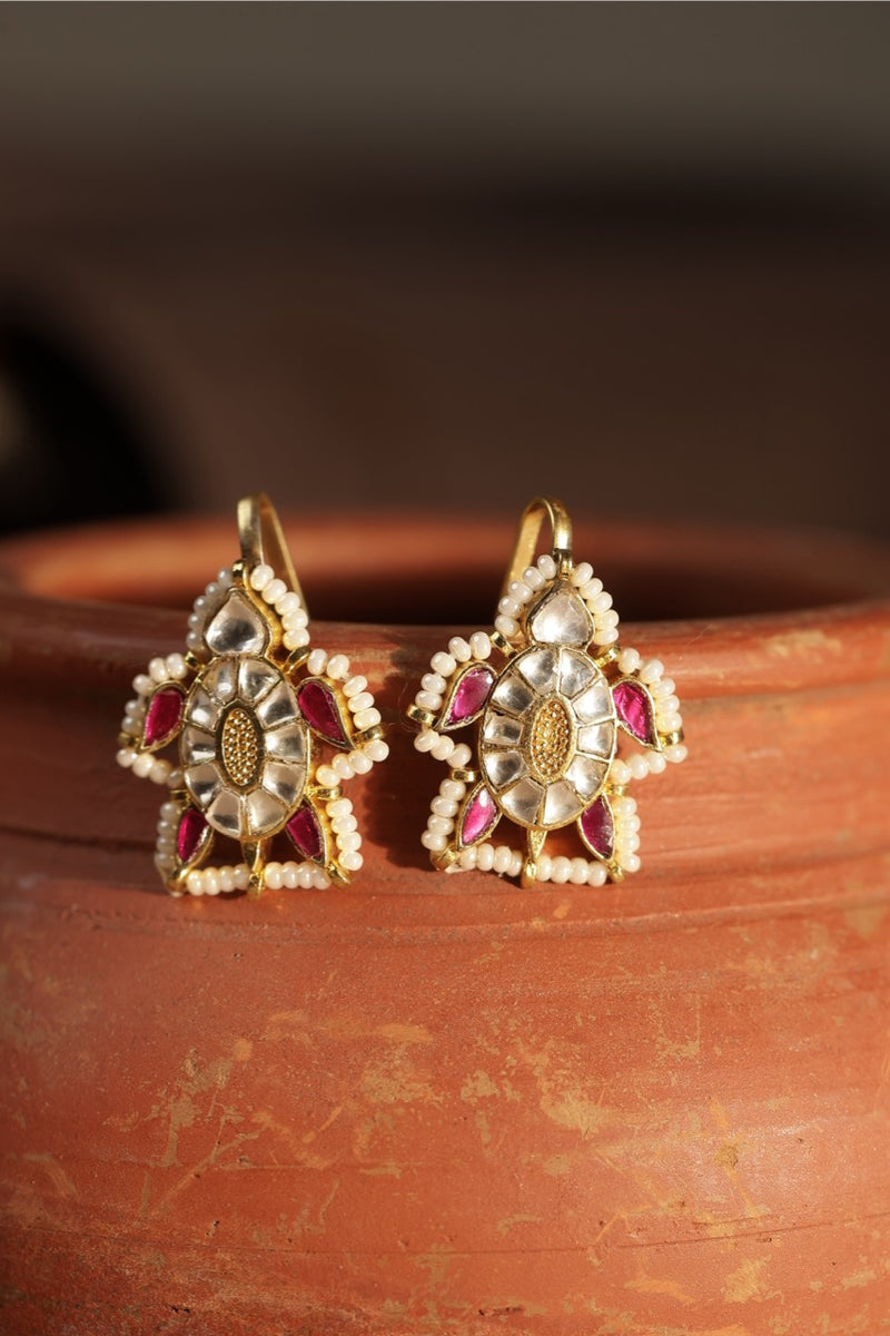 White and Pink Colour Gold Plated Jadau Kundan Turtle Motif Earcuff (Bugadi)