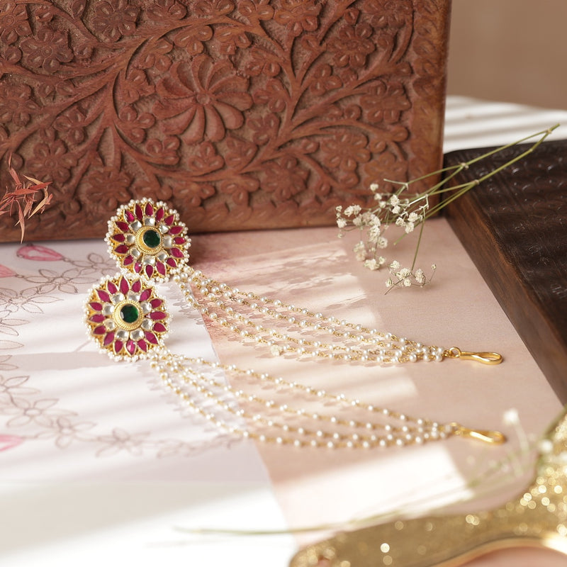 Multi Colour Gold Plated Jada Kundan Studs with Karchain