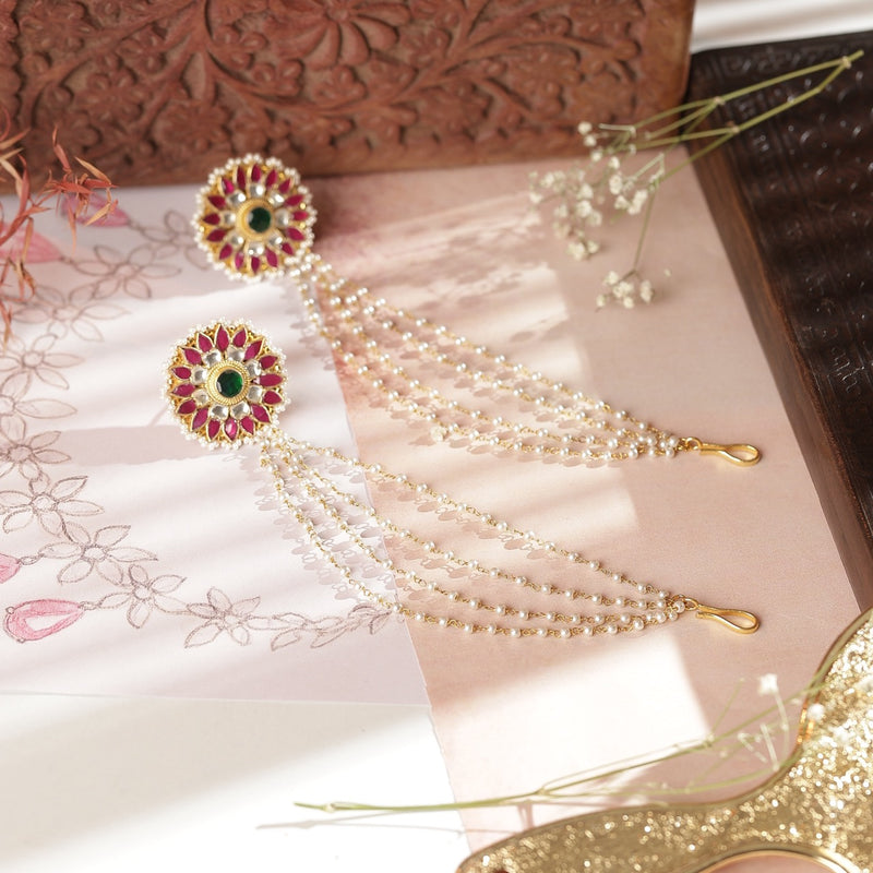 Multi Colour Gold Plated Jada Kundan Studs with Karchain