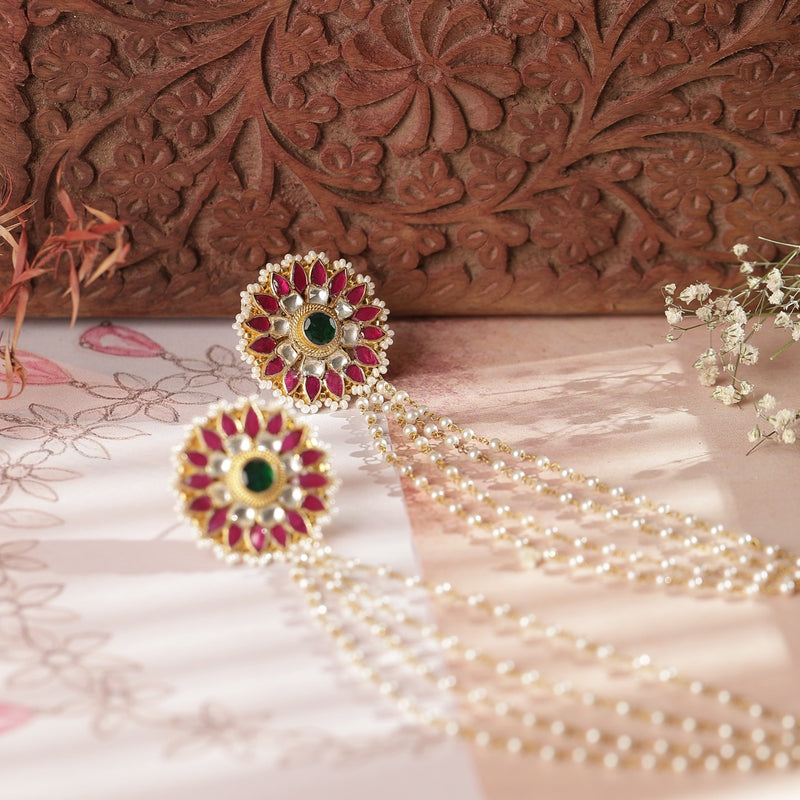 Multi Colour Gold Plated Jada Kundan Studs with Karchain