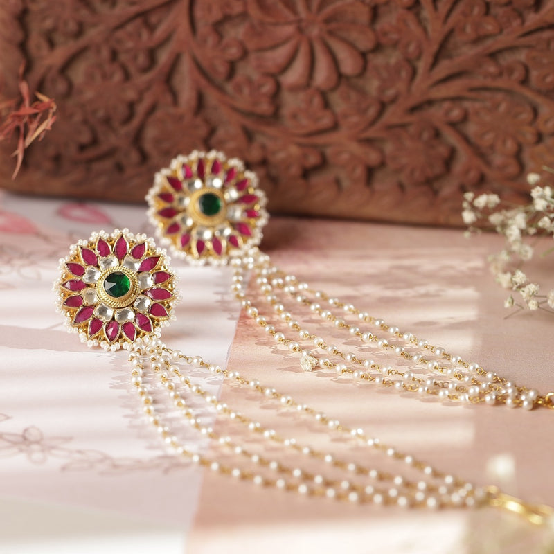 Multi Colour Gold Plated Jada Kundan Studs with Karchain