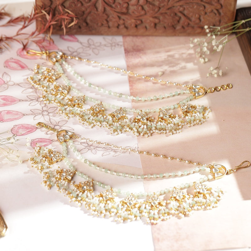 White and Mint Green Colour Gold Plated Jadau Kundan Kanchain