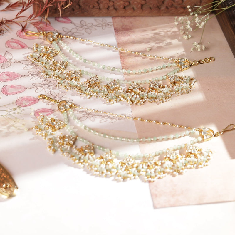 White and Mint Green Colour Gold Plated Jadau Kundan Kanchain
