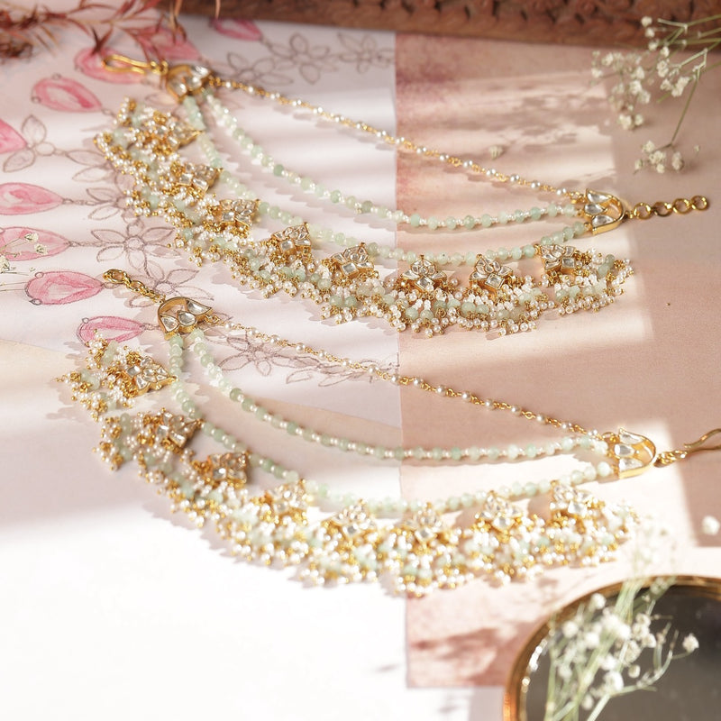 White and Mint Green Colour Gold Plated Jadau Kundan Kanchain