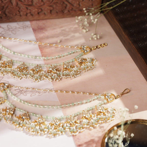 White and Mint Green Colour Gold Plated Jadau Kundan Kanchain