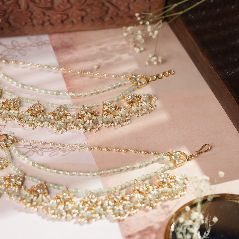 White and Mint Green Colour Gold Plated Jadau Kundan Kanchain