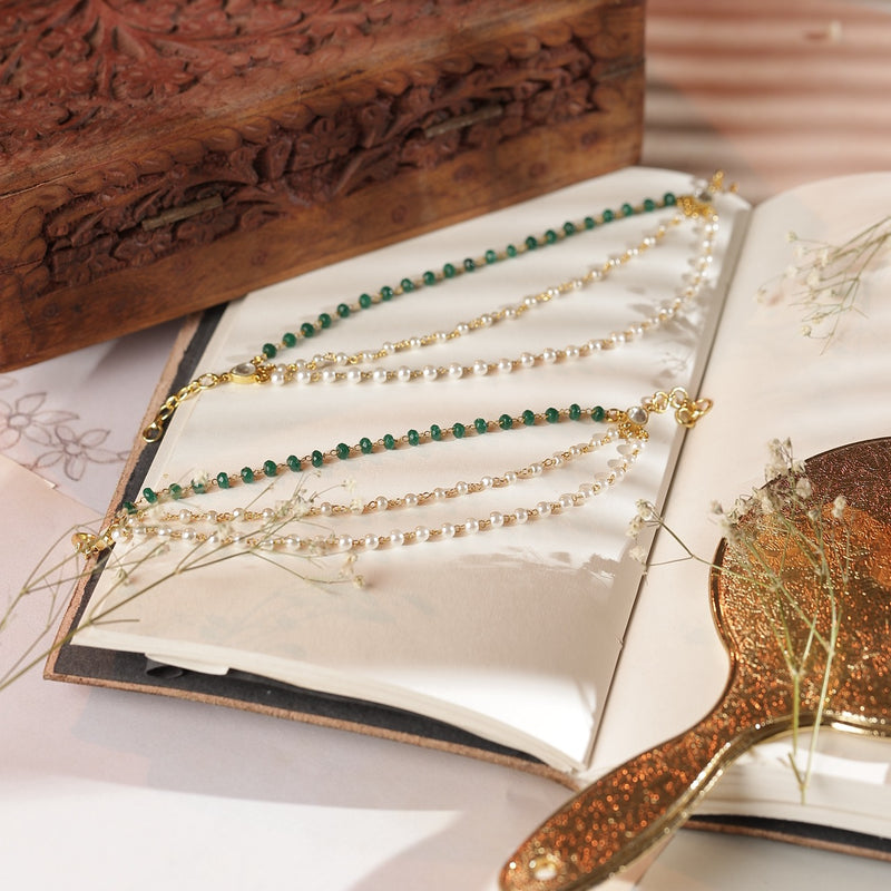 White and Green Colour Gold Plated Jadau Kundan Kanchain