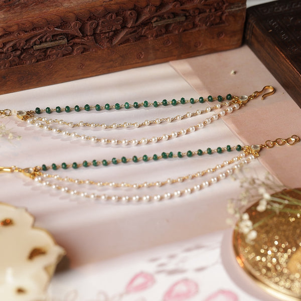 White and Green Colour Gold Plated Jadau Kundan Kanchain