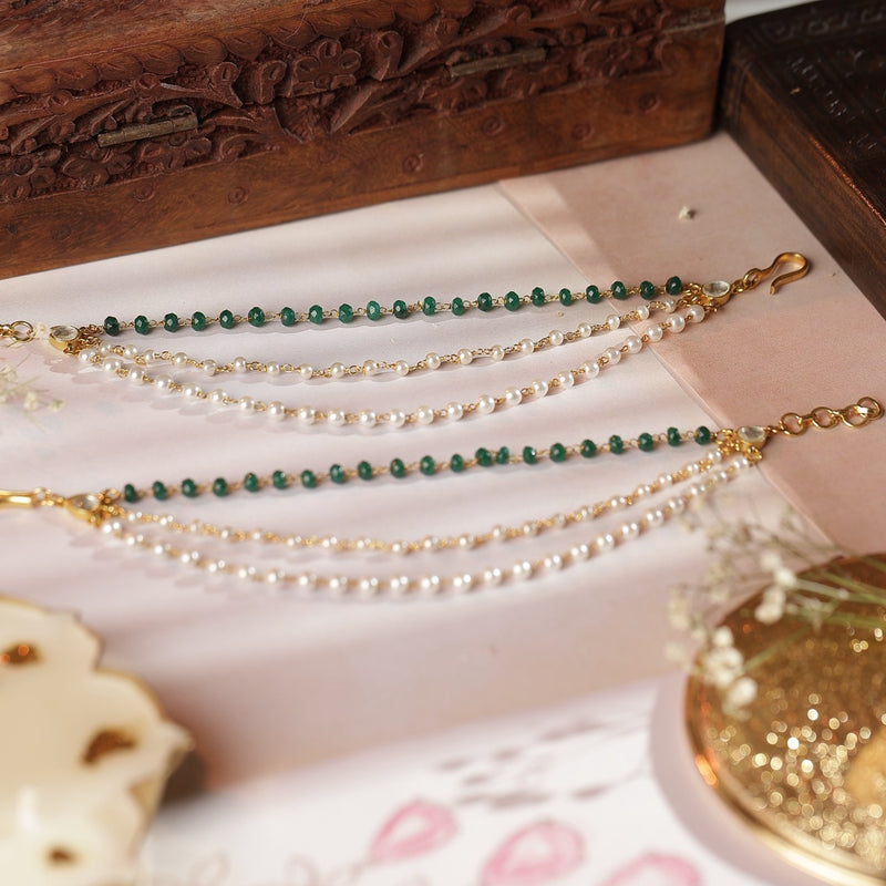 White and Green Colour Gold Plated Jadau Kundan Kanchain