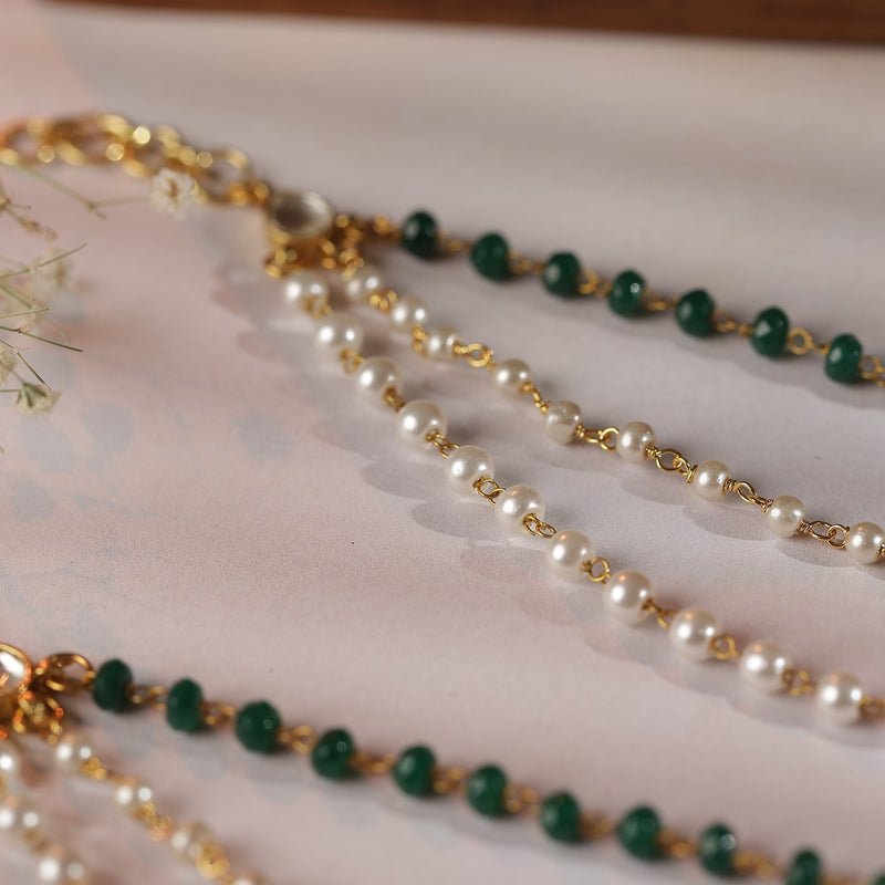White and Green Colour Gold Plated Jadau Kundan Kanchain