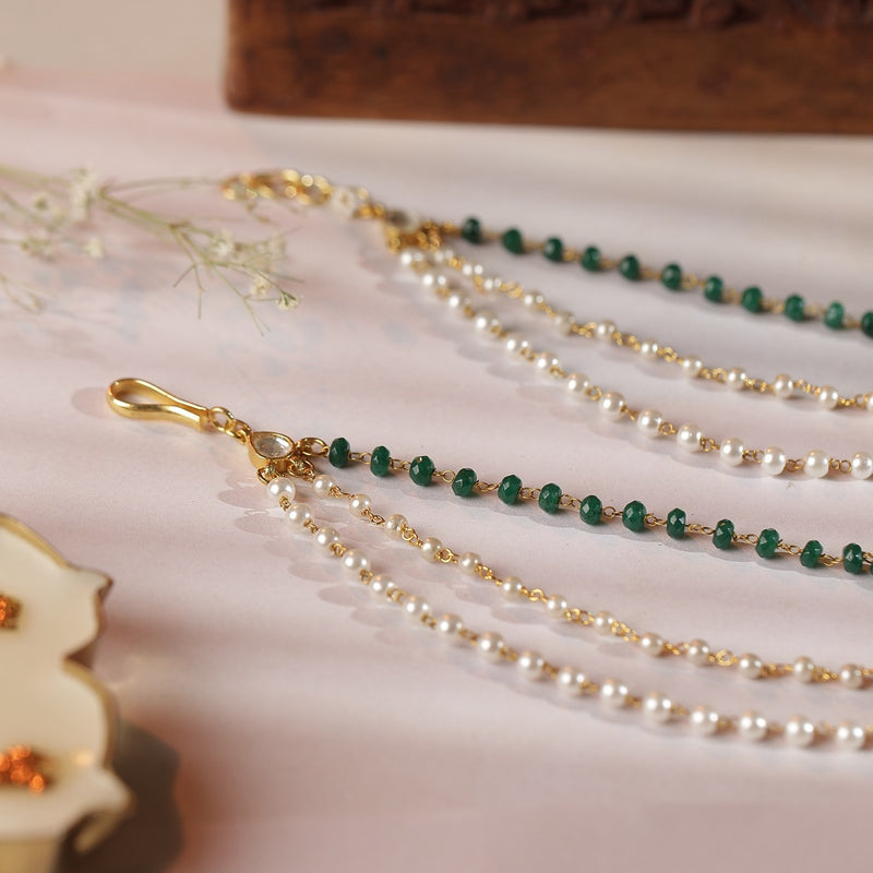 White and Green Colour Gold Plated Jadau Kundan Kanchain