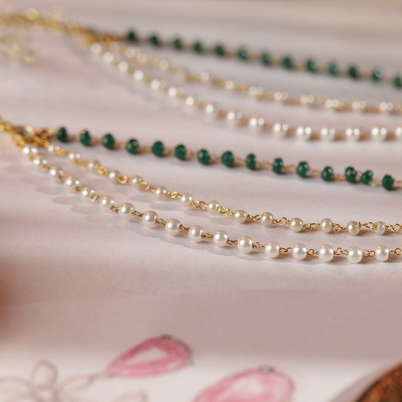 White and Green Colour Gold Plated Jadau Kundan Kanchain