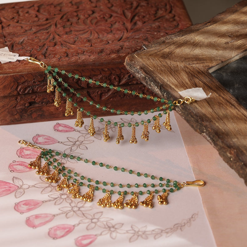 Green and Golden Colour Gold Plated Jadau Kundan Kanchain