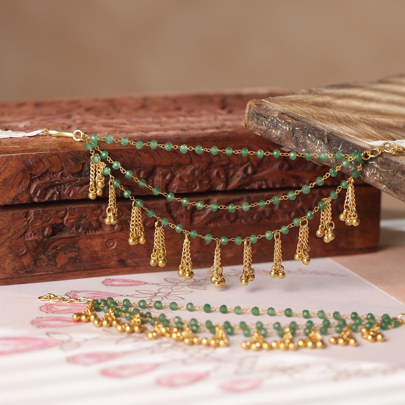 Green and Golden Colour Gold Plated Jadau Kundan Kanchain