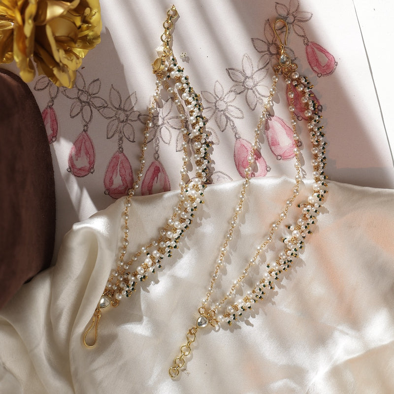 White and Green Colour Gold Plated Jadau Kundan Kanchain