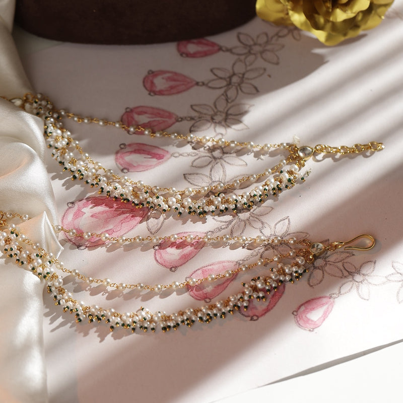 White and Green Colour Gold Plated Jadau Kundan Kanchain