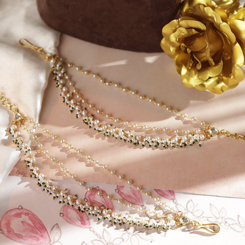 White and Green Colour Gold Plated Jadau Kundan Kanchain