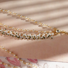 White and Green Colour Gold Plated Jadau Kundan Kanchain
