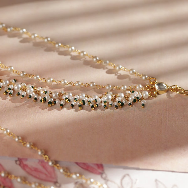 White and Green Colour Gold Plated Jadau Kundan Kanchain