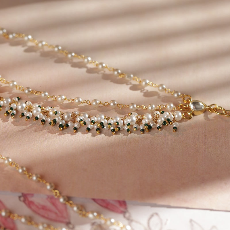 White and Green Colour Gold Plated Jadau Kundan Kanchain