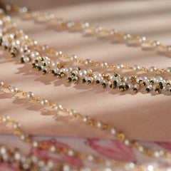 White and Green Colour Gold Plated Jadau Kundan Kanchain