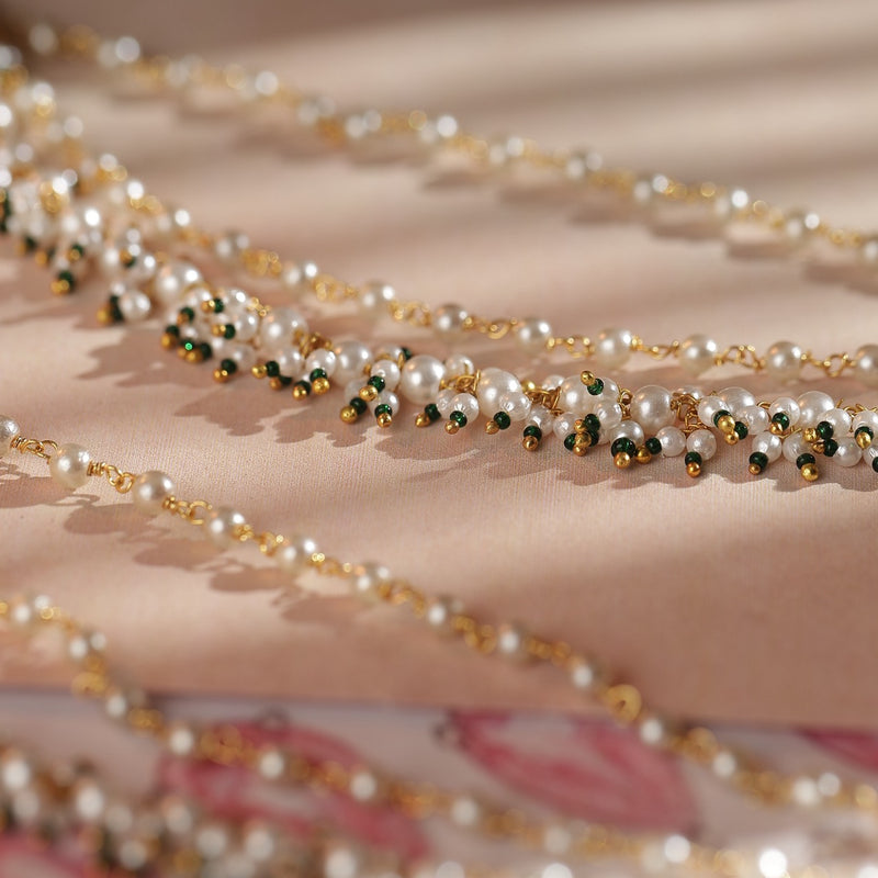 White and Green Colour Gold Plated Jadau Kundan Kanchain