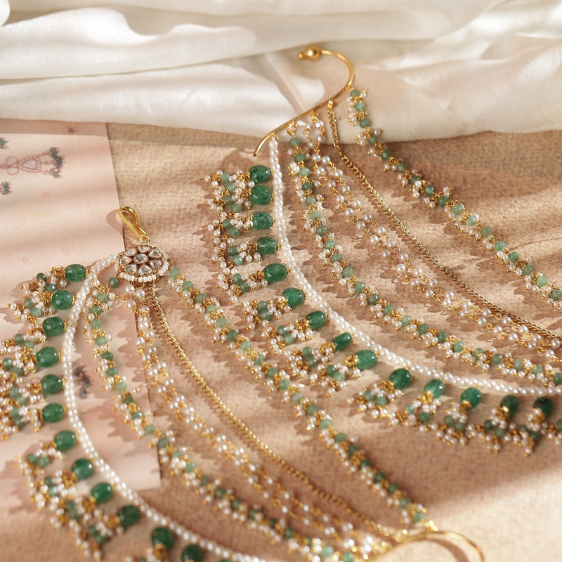 White and Mint Green Colour Gold Plated Jadau Kundan Kanchain