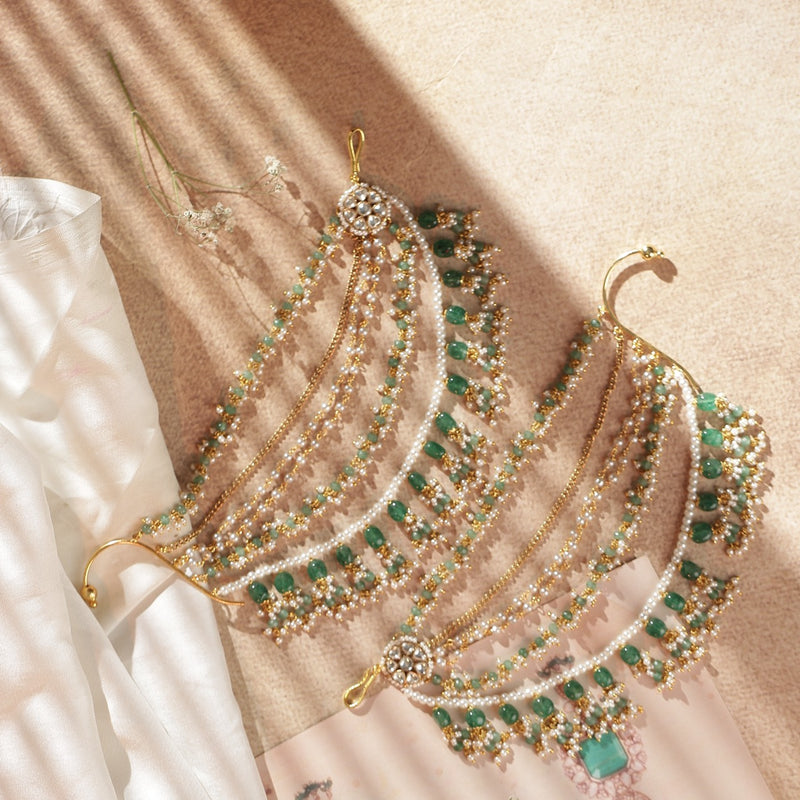 White and Mint Green Colour Gold Plated Jadau Kundan Kanchain