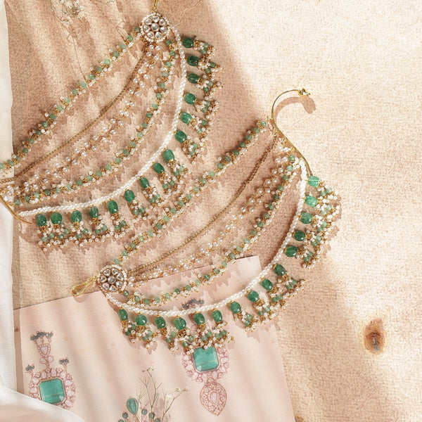 White and Mint Green Colour Gold Plated Jadau Kundan Kanchain