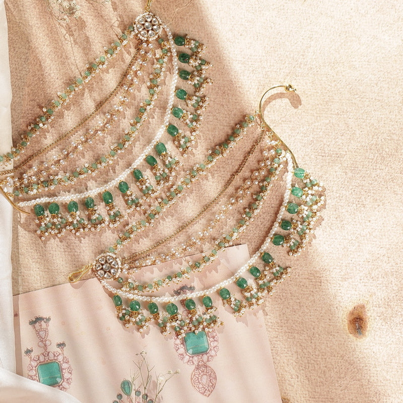 White and Mint Green Colour Gold Plated Jadau Kundan Kanchain