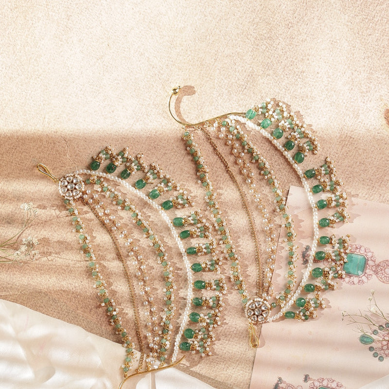 White and Mint Green Colour Gold Plated Jadau Kundan Kanchain