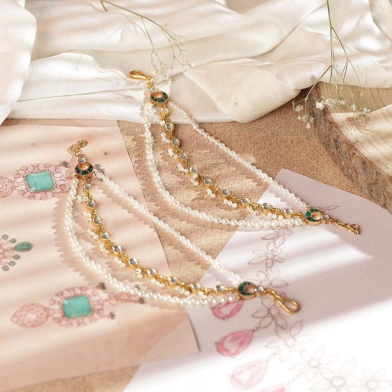 White and Green Colour Gold Plated Jadau Kundan Kanchain