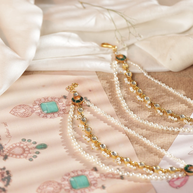 White and Green Colour Gold Plated Jadau Kundan Kanchain
